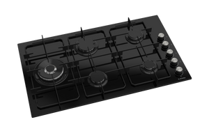 90cm Gas Hob Black Glass Side Controls Side Wok 