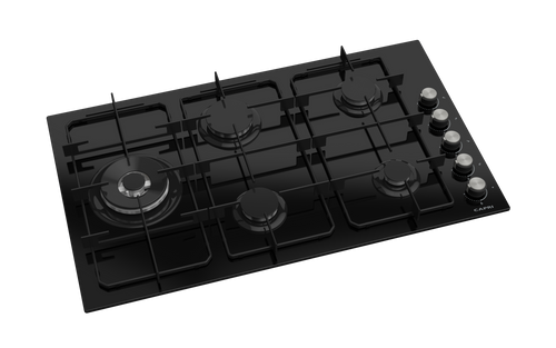 90cm Gas Hob Black Glass Side Controls Side Wok 
